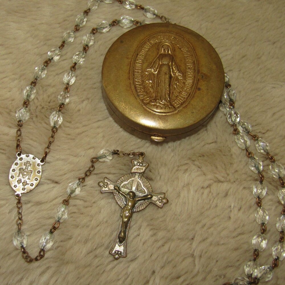 Vintage brass & faceted glass beaded rosary with storage case